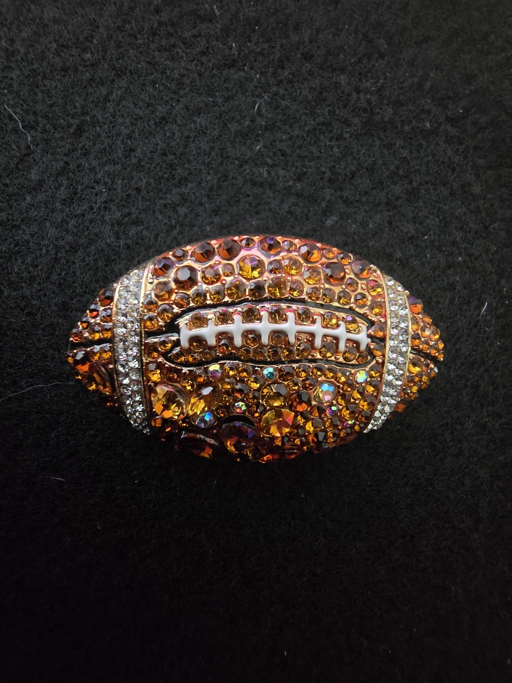Crystal Football Brooch Pin - Orange Rhinestone Accent